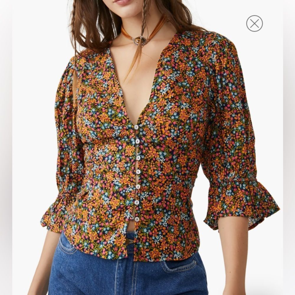 Free People smocked button-down Deep V-neck cotton blouse adjustable waist XL